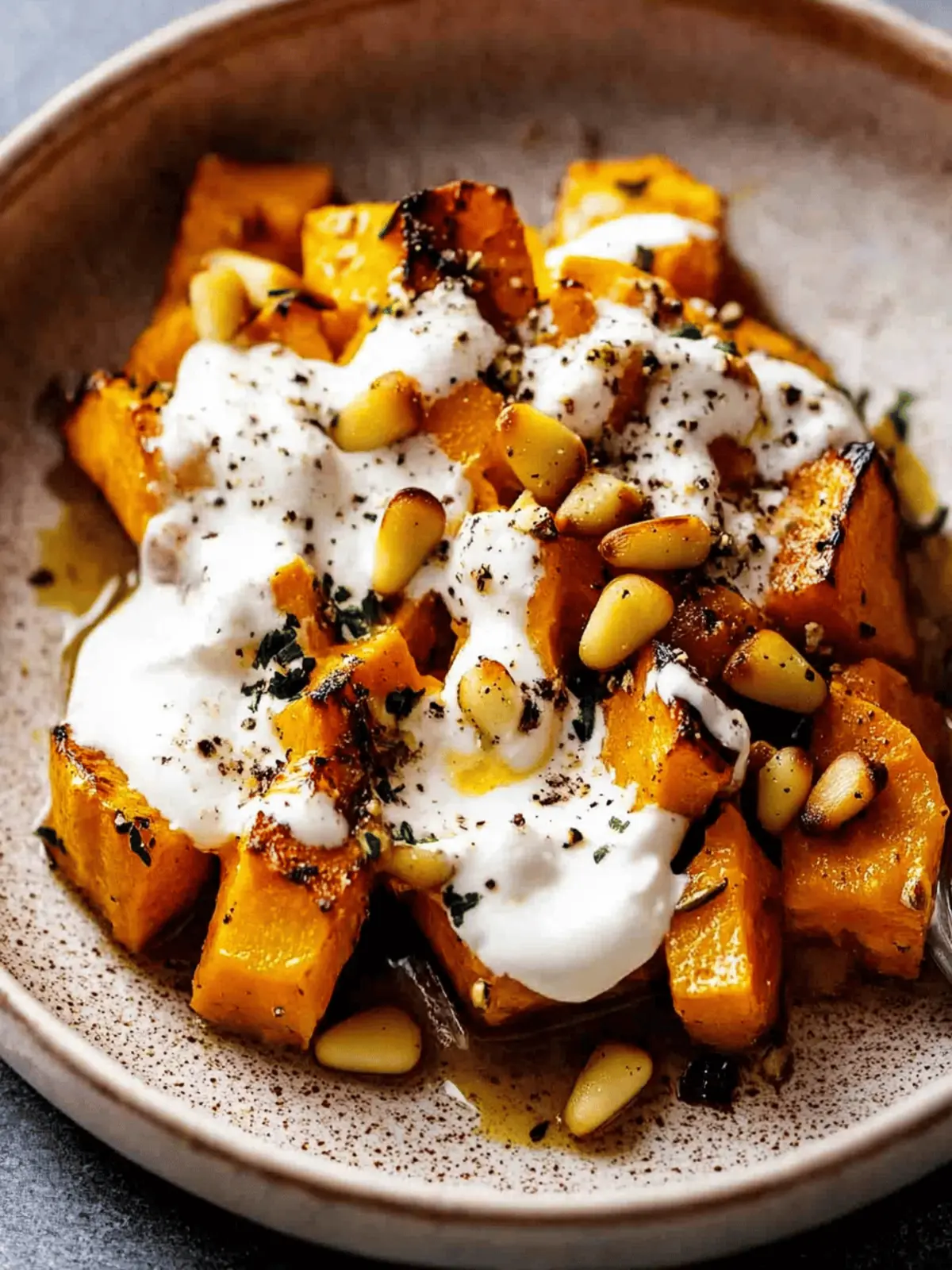 Roasted Pumpkin with Yogurt Sauce and Pine Nuts