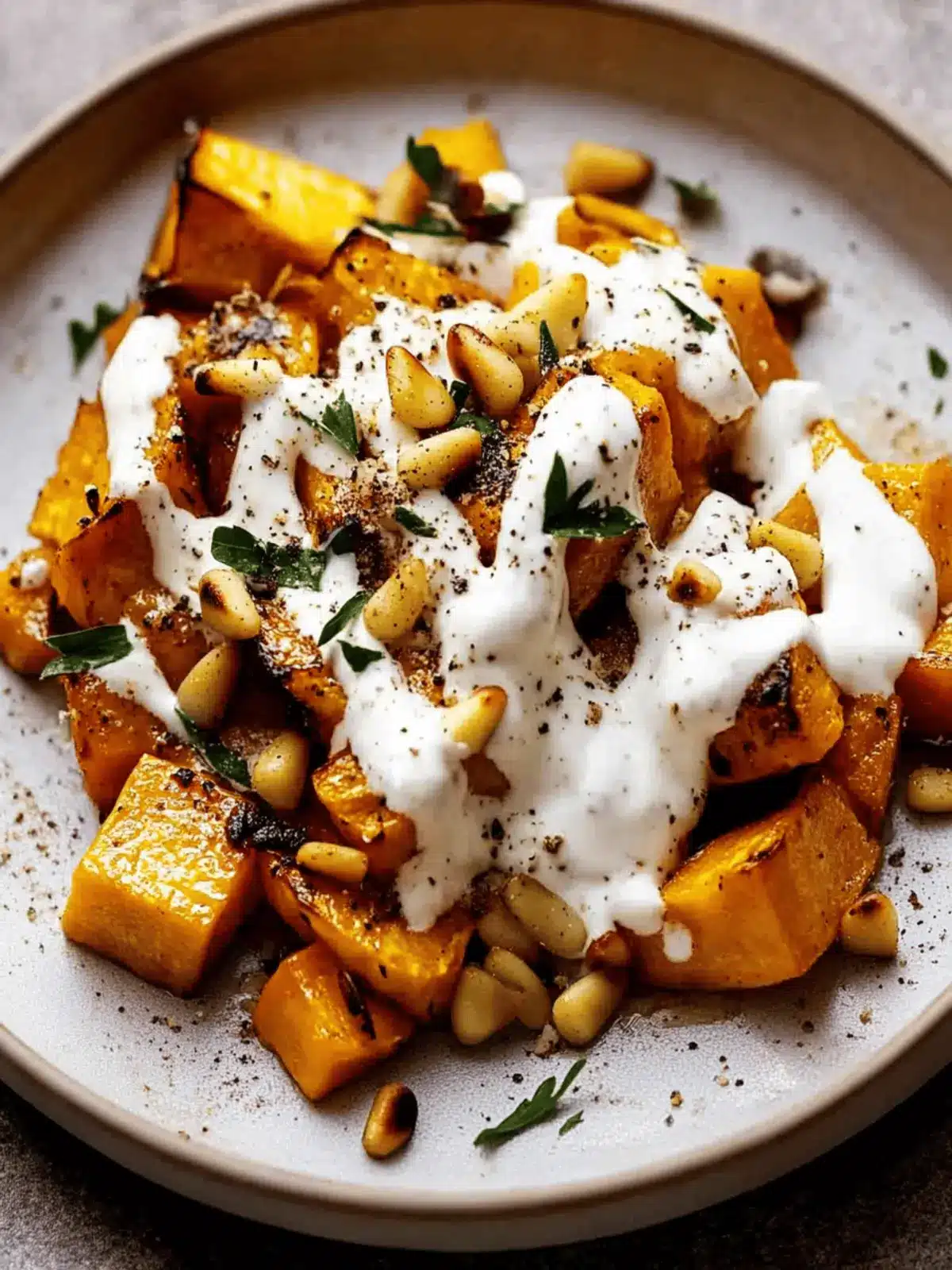 Roasted Pumpkin with Yogurt Sauce and Pine Nuts