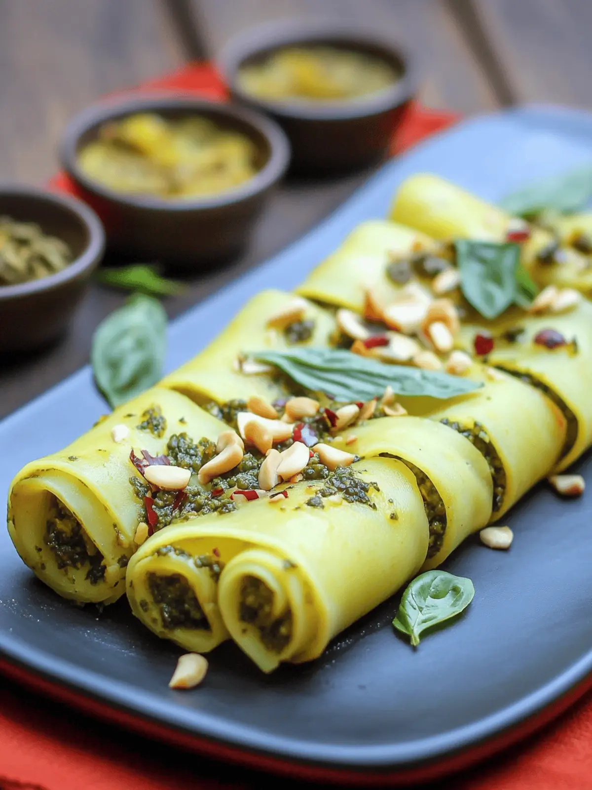 Basil Pesto Khandvi with Aglio Olio Tadka
