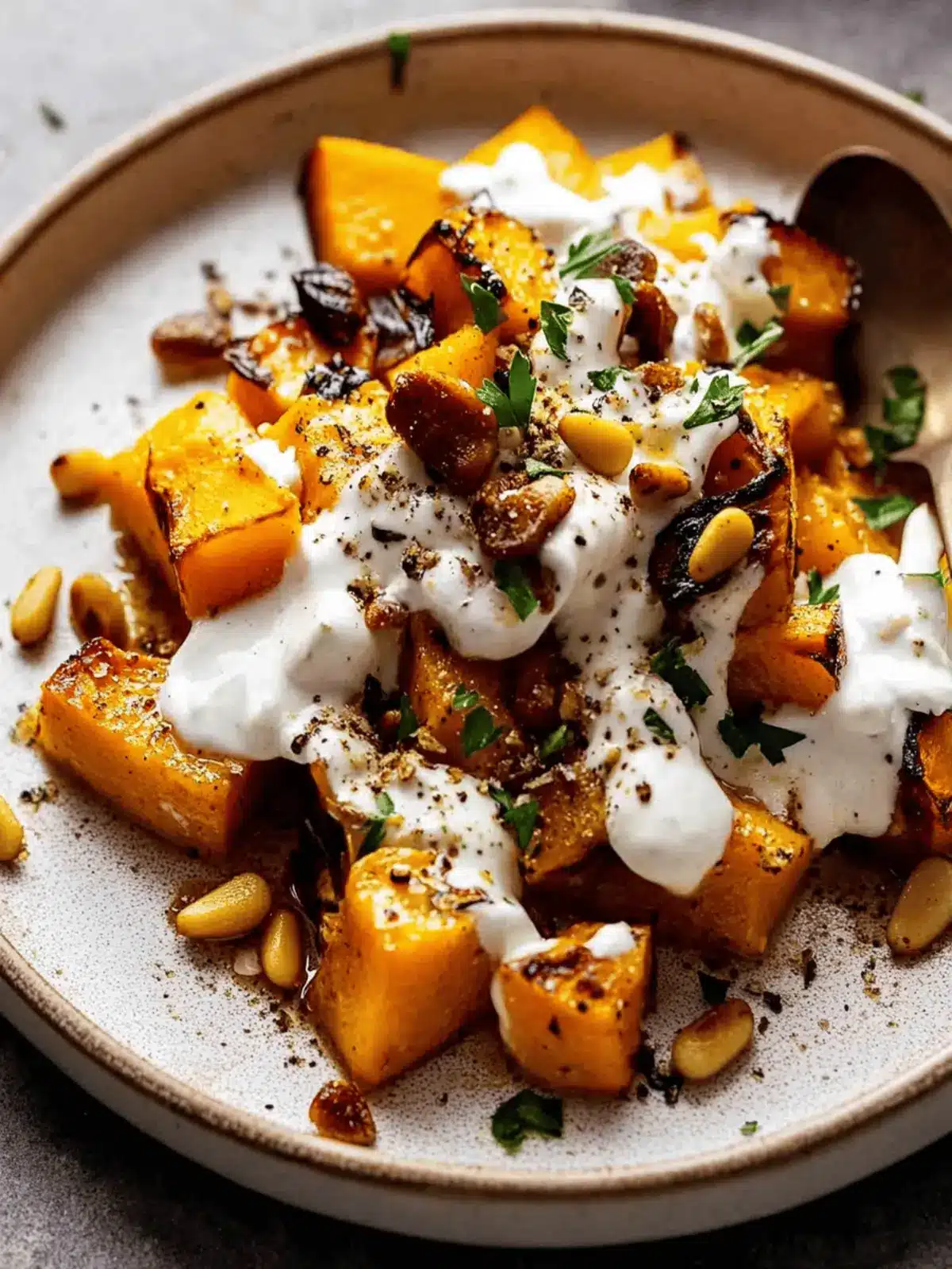 Roasted Pumpkin with Yogurt Sauce and Pine Nuts