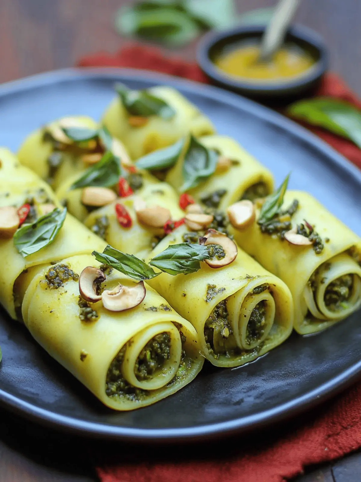 Basil Pesto Khandvi with Aglio Olio Tadka