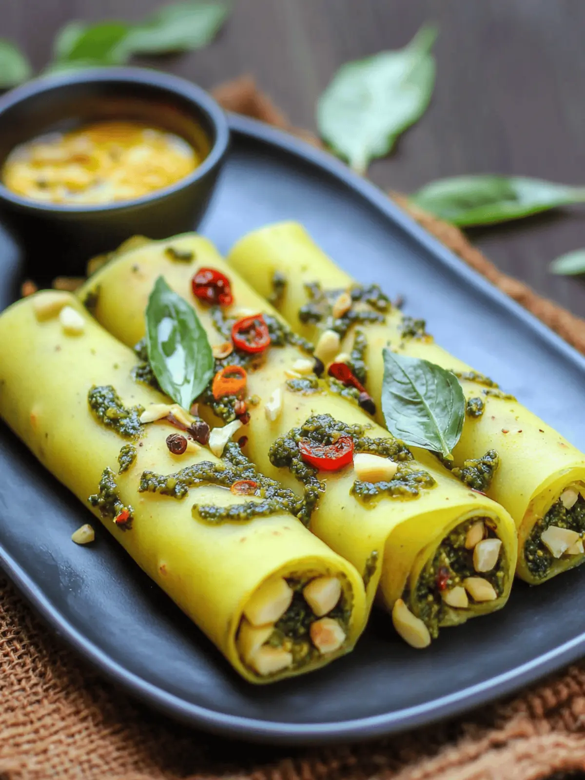 Basil Pesto Khandvi with Aglio Olio Tadka