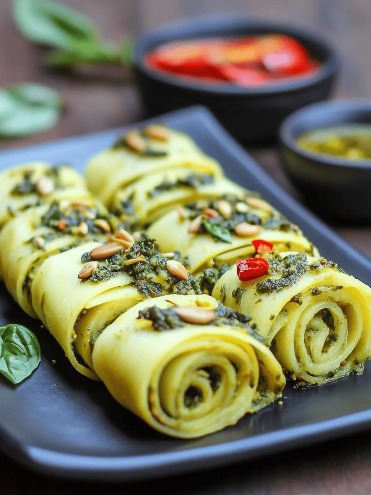 Basil Pesto Khandvi with Aglio Olio Tadka